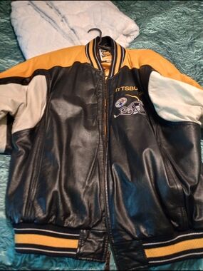 Classic Black and Gold Leather Varsity Jacket with White Accents Steelers.